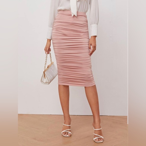 Women’s High Waisted Ruched BodyCon Mid-Calf Length Pencil Skirt for Work Office - Picture 5 of 8